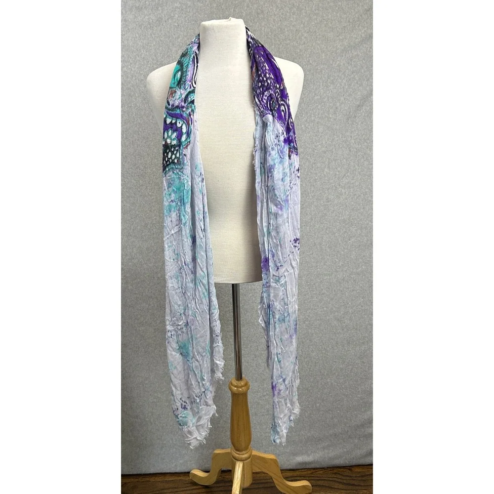 Blue Pacific Scarf Purple Teal Elephant Print Cashmere Silk Blend Bohemian Artsy